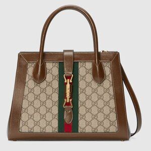 Gucci Jackie 1961 Medium Tote Bag Beige GG Supreme Canvas Leather Authentic|Rare
